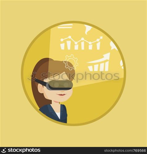 Businesswoman in vr headset looking at digital display with business graphs. Woman in virtual reality headset analyzing visual data Vector flat design illustration in the circle isolated on background. Businesswoman in vr headset analyzing virtual data