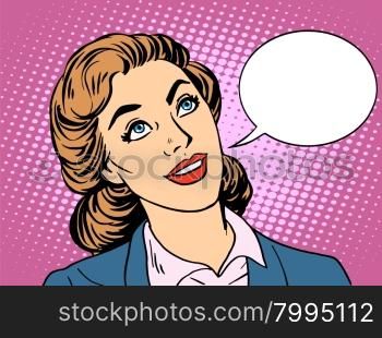 businesswoman interested in communicating pop art retro style. Beautiful business woman dialogue conversation. Your brand here. businesswoman interested in communicating
