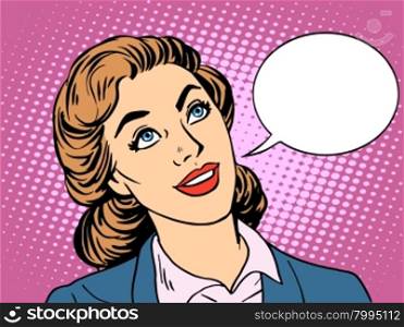 businesswoman interested in communicating pop art retro style. Beautiful business woman dialogue conversation. Your brand here. businesswoman interested in communicating
