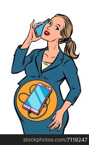 businesswoman is pregnant. the phone is born in the stomach. Comic cartoon pop art retro vector drawing illustration. businesswoman is pregnant. the phone is born in the stomach