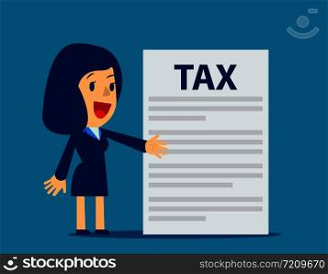 Businesswoman is showing tax. Concept business tax illustration. Vector flat.. Businesswoman is showing tax. Concept business tax illustration. Vector flat.