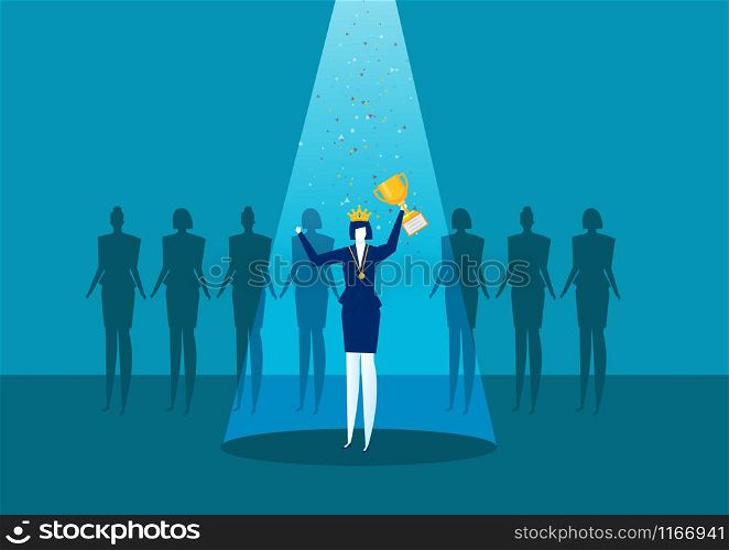 businesswoman is standing on a winners pedestal with a golden cup , success woman day