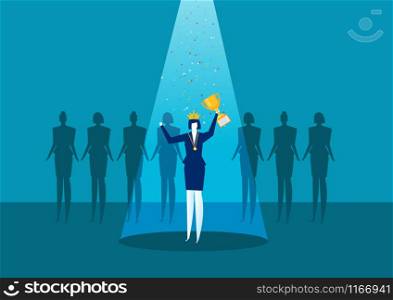 businesswoman is standing on a winners pedestal with a golden cup , success woman day