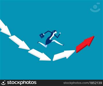 Businesswoman jumping from falling arrow to rising arrow. Direction concept