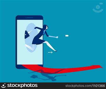 Businesswoman jumping out of the smart phone. Concept business starting online vector illustration.