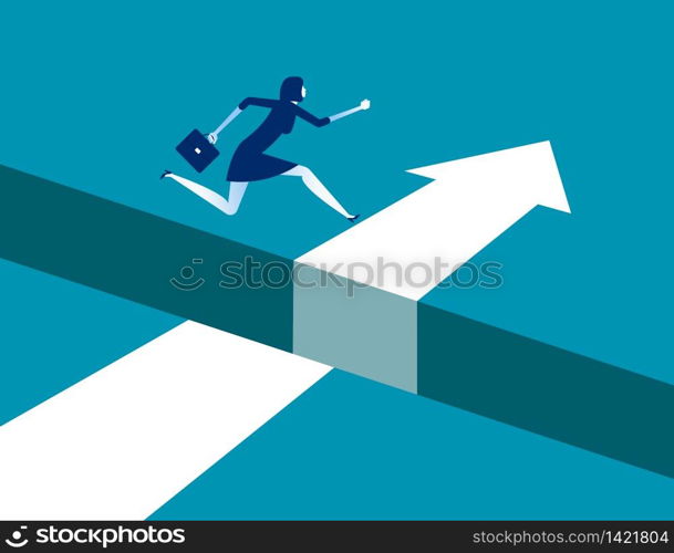 Businesswoman jumping over gap on way to success, Concept business solving problem vector illustration, Flat business character, Cartoon style design.