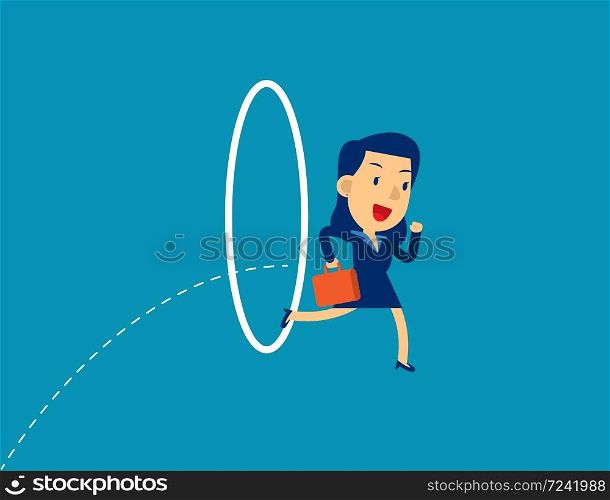 Businesswoman jumping through hoop. Concept business vector illustration, Effort, Circle.