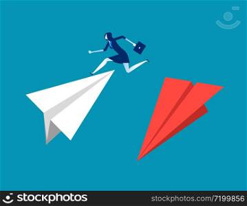 Businesswoman jumps from one plane to another flying. Concept business vector illustration, Flat character, direction, opposite.