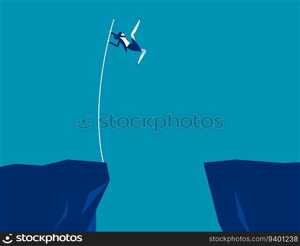 Businesswoman jumps with pole vault across the ravine. Business conquering adversity vector illustration