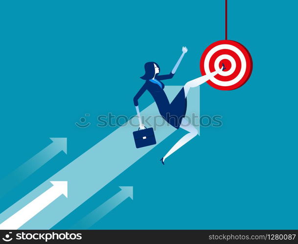 Businesswoman kicking target. Concept business vector illustration. Flat cartoon character, success, arrow symbol.