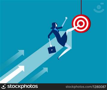 Businesswoman kicking target. Concept business vector illustration. Flat cartoon character, success, arrow symbol.