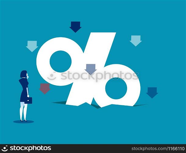 Businesswoman look at shrinking percent sign. Concept business vector illustration.