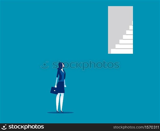 Businesswoman look door too up to reach. Concept business vector illustration, Open, Failure,High.