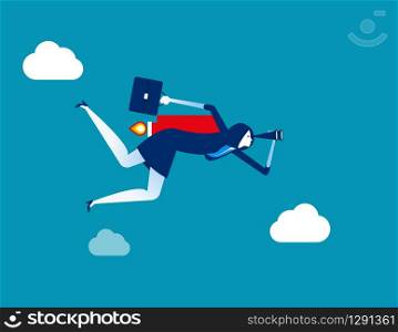 Businesswoman looking and flying to success. Concept business vector illustration. Flat character, Cartoon style design.