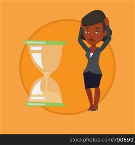 Businesswoman looking at hourglass symbolizing deadline. Woman worrying about deadline terms. Time management and deadline concept. Vector flat design illustration in the circle isolated on background. Desperate business woman looking at hourglass.