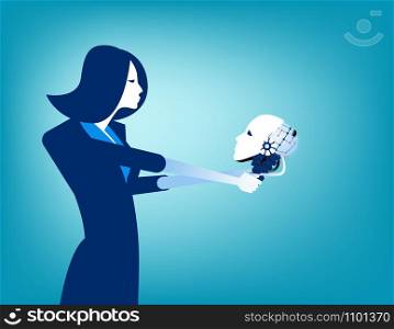 Businesswoman looking at robot skull in hand. Concept technology vector illustration.