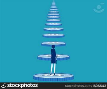 Businesswoman looking at the long coin ladder. Finance endless