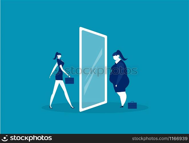 businesswoman looking at the mirror standing with fat belly. compare body thin vector