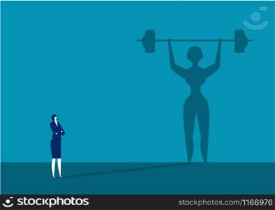 businesswoman looking big shadow Sporty woman with barbell. Powerlifting exercises concept.