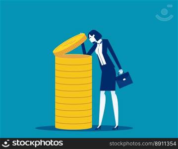 Businesswoman looking down into the money hole. Business finance and industry concept