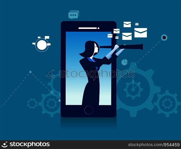 Businesswoman looking for smart phone with a telescope. Concept business success illustration. Vector cartoon character or abstract flat