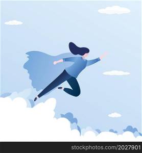 Businesswoman looking like Super hero flying to success in sky,background with clouds,trendy style vector illustration.