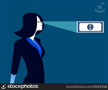 Businesswoman looking money in ones future. Concept business vector illustration.