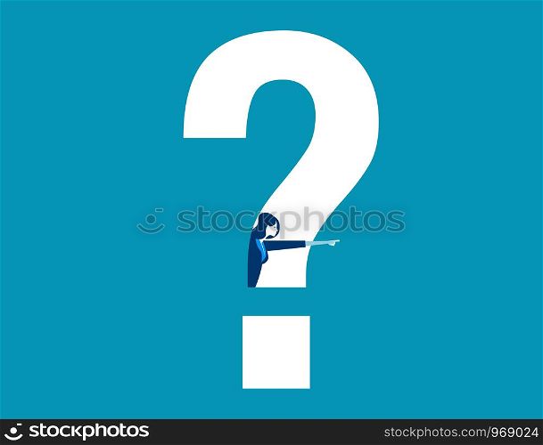 Businesswoman looking out from question mark and pointing to success. Concept success business illustration. Vector cartoon character and abstract