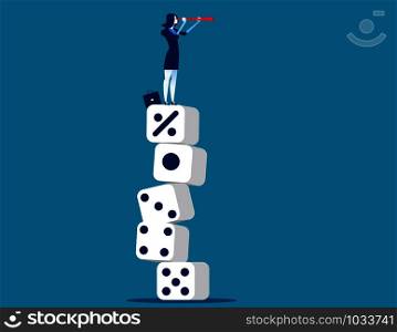 Businesswoman looking telescope and standing on percentage sign of large dice. Business vector.