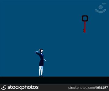 Businesswoman looking up at key high up in wall. Concept business illustration. Vector