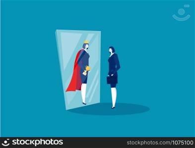 businesswoman looks in the mirror and sees super queen. Confident power. Business leadership. on blue background vector illustrator