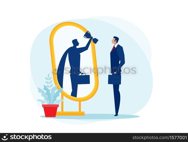 businesswoman looks in the mirror and sees super queen. Confident power. Business leadership. on blue background vector illustrator