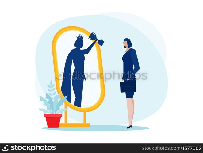 businesswoman looks in the mirror and sees super queen. Confident power. Business leadership. on blue background vector illustrator
