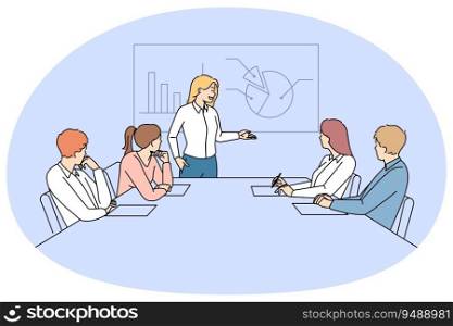 Businesswoman make presentation for colleagues in office meeting. Successful woman leader present financial project for employee. Teamwork and leadership. Vector illustration.. Businesswoman present project for employees