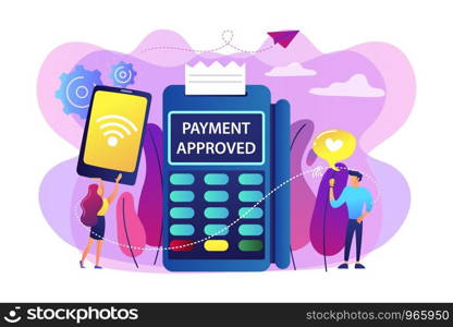 Businesswoman making contactless payment through mobile phone. NFC connection, NFC communication stand, contactless payment method concept. Bright vibrant violet vector isolated illustration. NFC connection concept vector illustration.