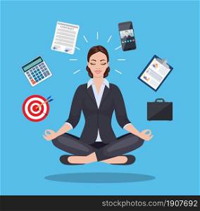 businesswoman meditating, time management, stress relief and problem solving concepts, woman thinking about business in lotus pose. Vector illustration in flat style. businesswoman meditating, time management,