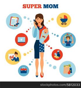 Businesswoman mother concept with flat woman divided in business and parent parts vector illustration. Businesswoman Mother Concept