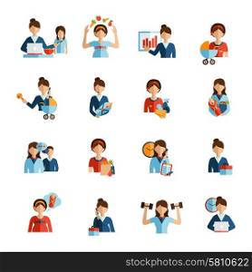 Businesswoman mother daily routine successful work family and fitness combination flat icons set abstract vector isolated illustration. Businesswoman mother flat icons set