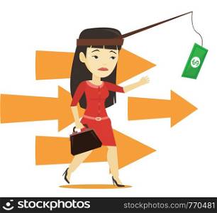 Businesswoman motivated by money hanging on fishing rod. Money on fishing rod as motivation for businesswoman. Business motivation concept. Vector flat design illustration isolated on white background. Businesswoman trying to catch money on fishing rod