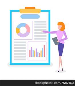 Businesswoman on presentation, flip chart vector. Woman showing marketing strategies, entrepreneur and work analysis on board, scheme and business plan. Businesswoman on Presentation, Flip Chart Vector