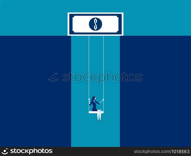 Businesswoman on swing dangling from dollar sign. Concept business vector.