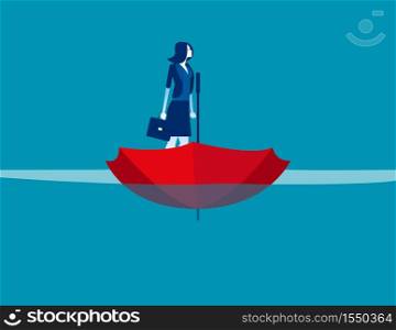 Businesswoman on umbrellar boat. Concept business vector, Sea, Water, Ship.