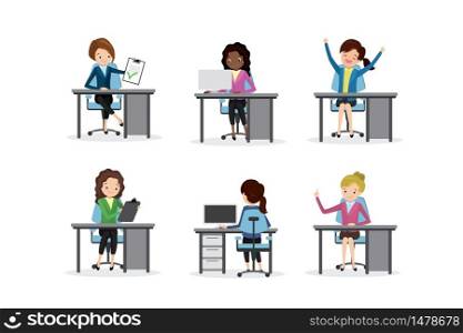 Businesswoman on workplace,successful female characters in different poses - front and back views,isolated on white background,flat vector illustration
