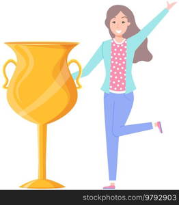 Businesswoman or clerk standing with cup in hand. Woman wins award, victory in competition. Business planning and development for success. Lady holds gold prize as symbol of victory, achievement. Woman wins award, victory in competition. Lady holds gold prize, trophy as symbol of achievement