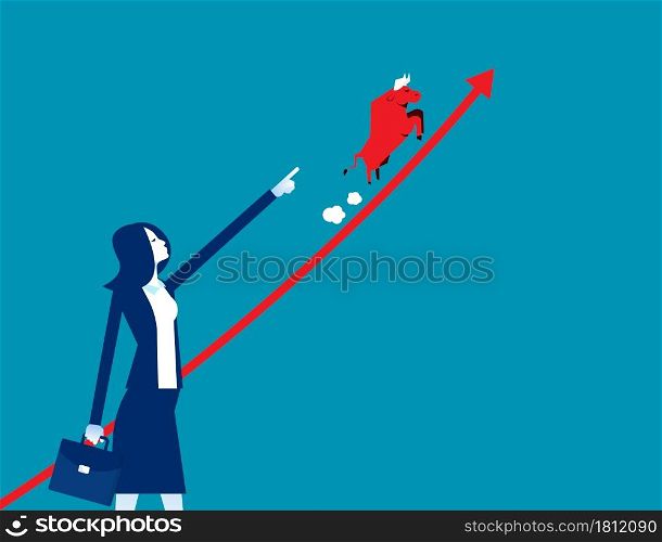 Businesswoman point growing graph with bull running. Bull Marketing