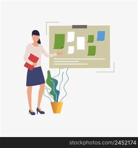 Businesswoman pointing at pin board with notes vector illustration. Teacher, message, planning. Business concept. Creative design for websites, business presentations, banners. Businesswoman pointing at pin board with notes vector