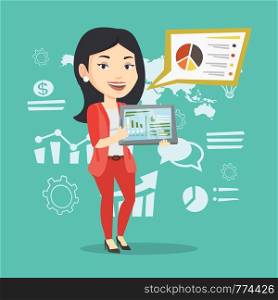 Businesswoman pointing at the charts on tablet computer screen. Young businesswoman presenting report with a digital tablet on the background of graphs. Vector flat design illustration. Square layout.. Businesswoman presenting report on tablet computer