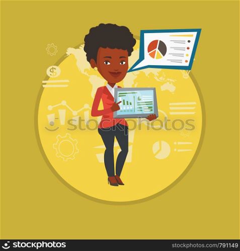 Businesswoman pointing at the charts on tablet screen. Businesswoman presenting report on tablet on the background of graphs. Vector flat design illustration in the circle isolated on background.. Businesswoman presenting report on tablet computer