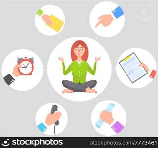 Businesswoman practicing mindfulness meditation, clearing her mind from multitasking and very busy with work. Releasing stressful thoughts and expressing her potential, yoga and self consciousness. Businesswoman practicing mindfulness meditation, clearing her mind from multitasking, busy with work