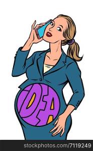 businesswoman pregnant with the idea. Comic cartoon pop art retro vector drawing illustration. businesswoman pregnant with the idea